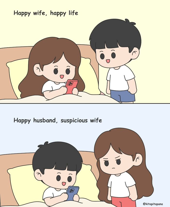 Adorable comics about relationships showing a husband hiding his phone from his suspicious wife in bed.