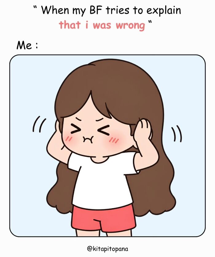 Adorable comics showing a girl covering her ears when her boyfriend tries to prove her wrong.