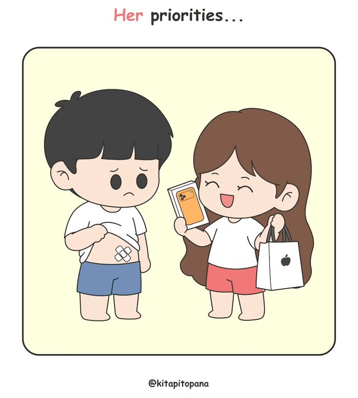Adorable comics highlighting her priority of getting a new phone over his minor injury.