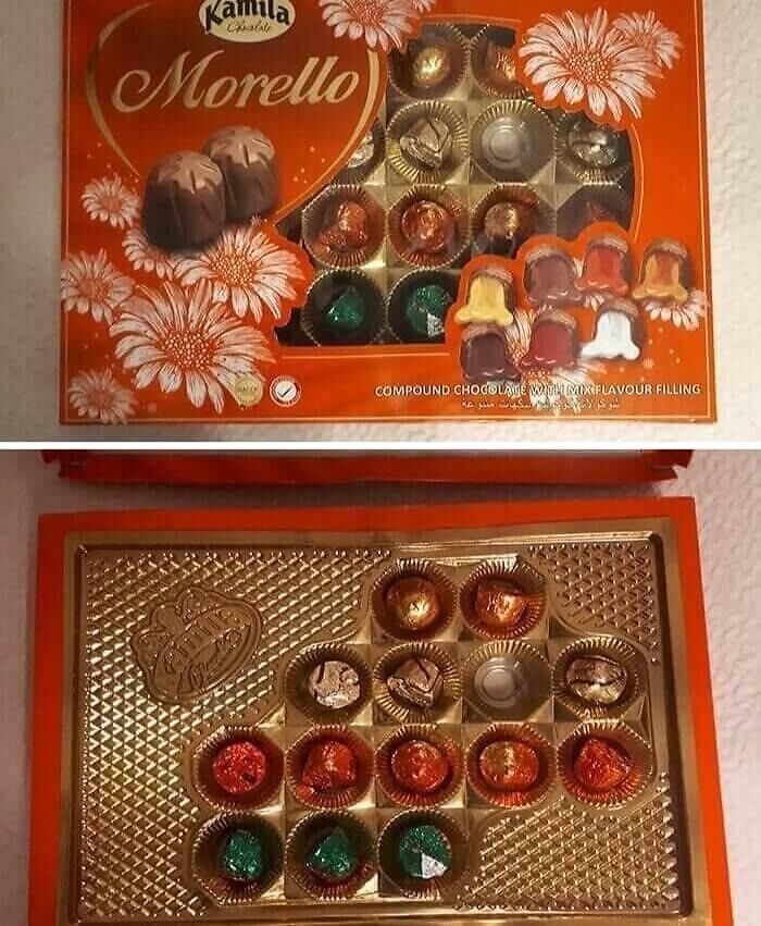 A chocolate box with hidden empty spaces under packaging, showing terrible product design.