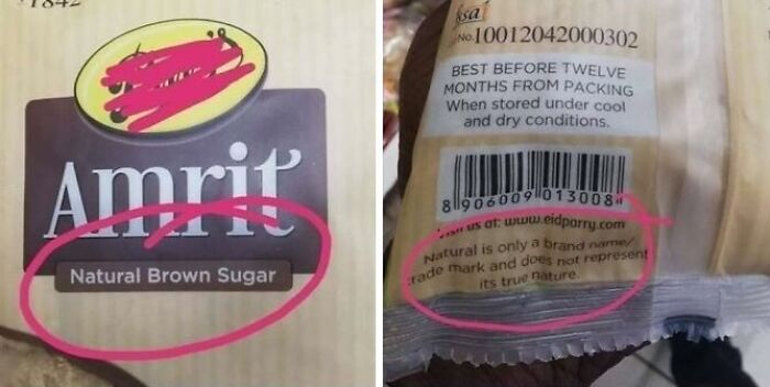 Product packaging of brown sugar illustrating terrible product design with deceptive marketing