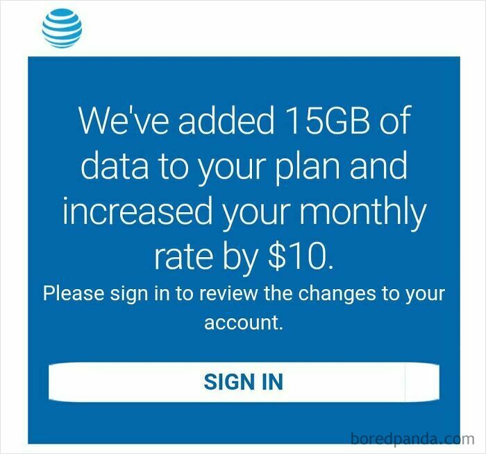 Screenshot of an AT&T notification auto-adding data and charging more, a terrible product design