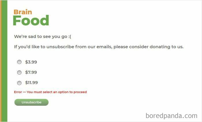Terrible Product Design newsletter requiring a donation to unsubscribe