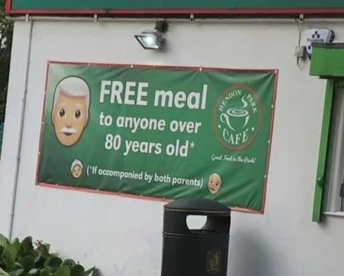 Cafe banner offering free meals with unrealistic terms, showing terrible product design.