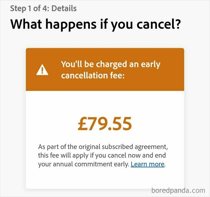 Adobe subscription cancellation screen displaying a costly early cancellation fee of 79.55 pounds.