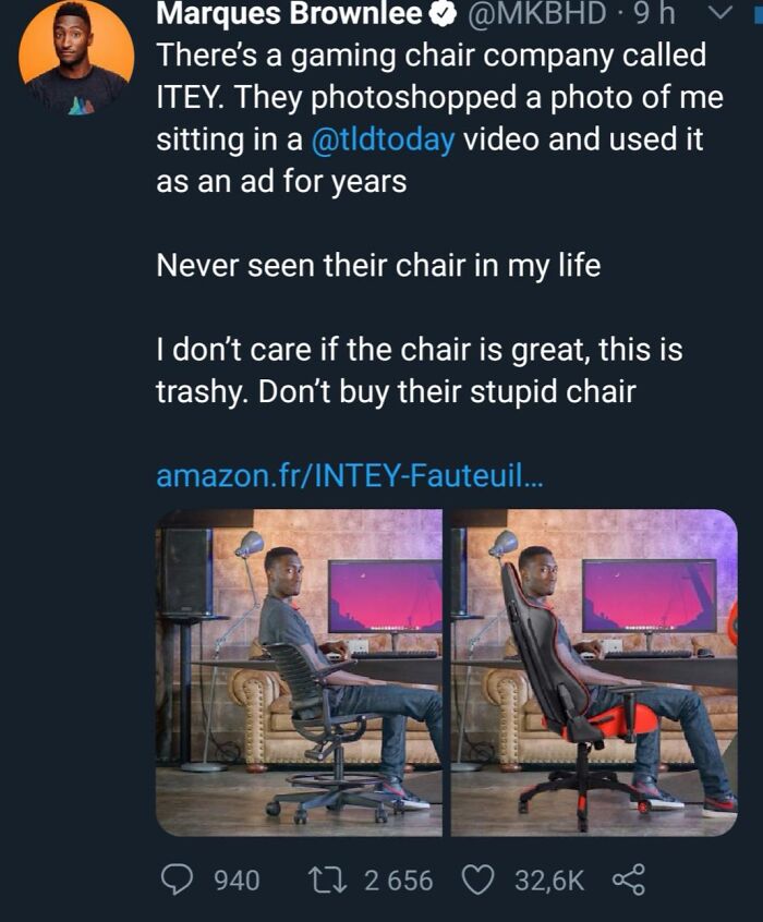 A Tweet by Marques Brownlee exposing a company that photoshopped him into their chair, showing terrible product design.