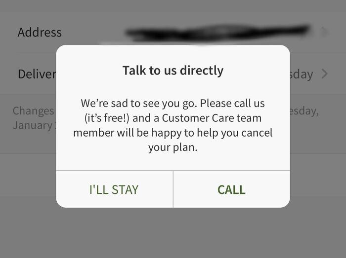 A subscription cancellation screen with a dark pattern, showing terrible product design