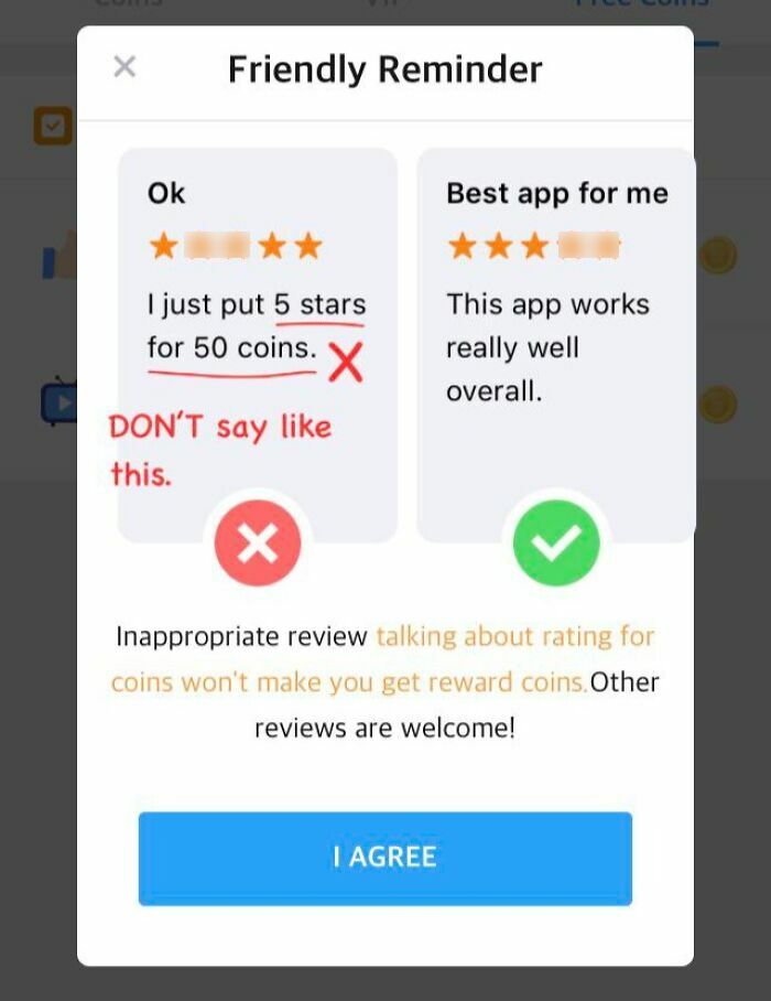 Terrible Product Design example of an app popup demanding high ratings for coins