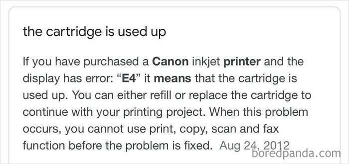 A screenshot explaining that a Canon printer blocks scanning functions when ink is low, a terrible product design