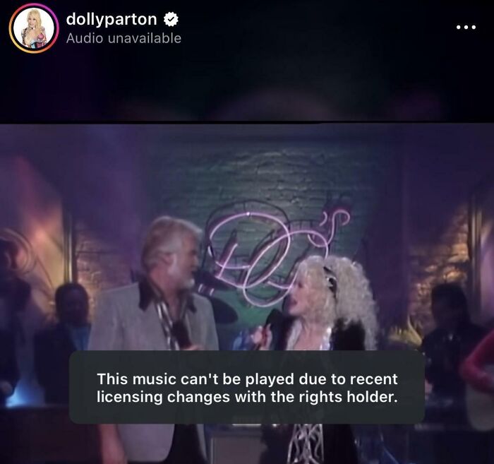 A Dolly Parton music video blocked by licensing issues on social media, showing terrible product design.