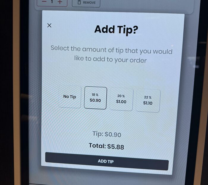 An order summary screen showing a forced tip prompt for a single bottle of water.