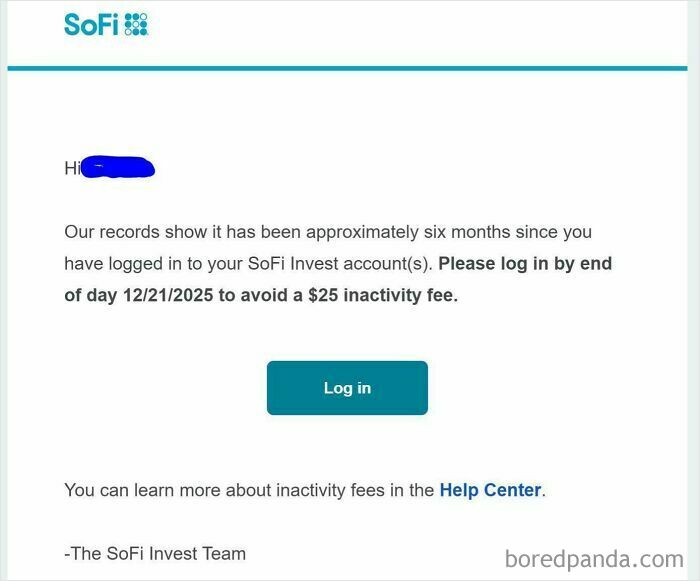 A SoFi email notification showing terrible product design with inactivity fees
