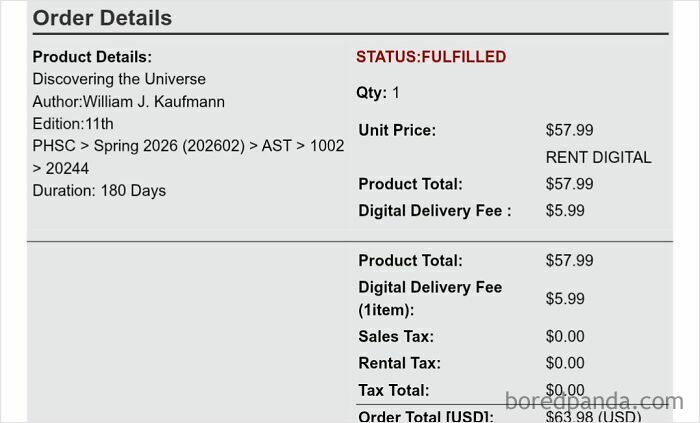 An online order checkout receipt charging a digital delivery fee for a rental, showing terrible product design