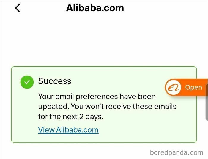 A notification from Alibaba saying email preferences are paused for only 2 days, a terrible product design