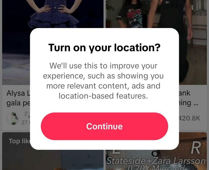 A mobile app popup asking to turn on location, an example of terrible product design for user privacy