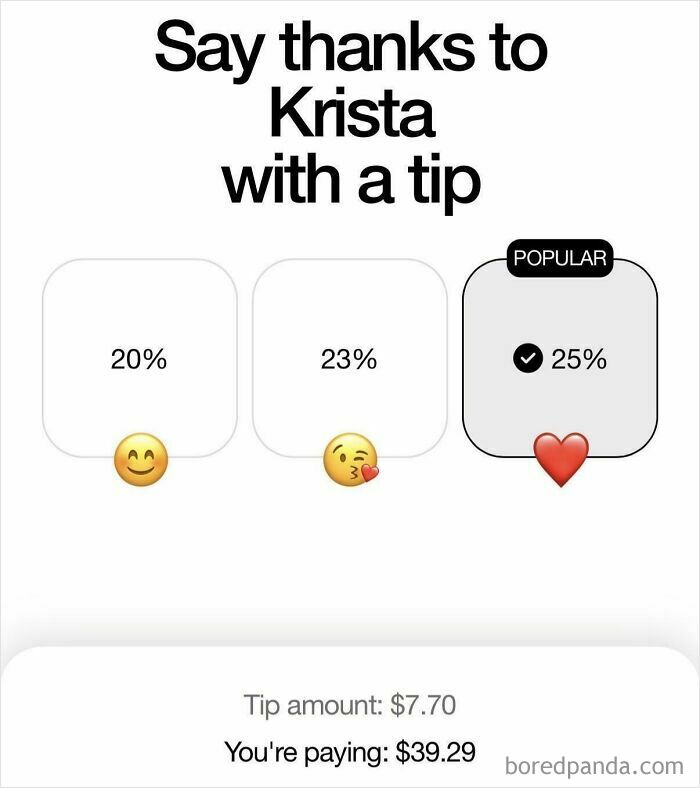 An app tipping interface with high default percentages and manipulative emojis, illustrating terrible product design.