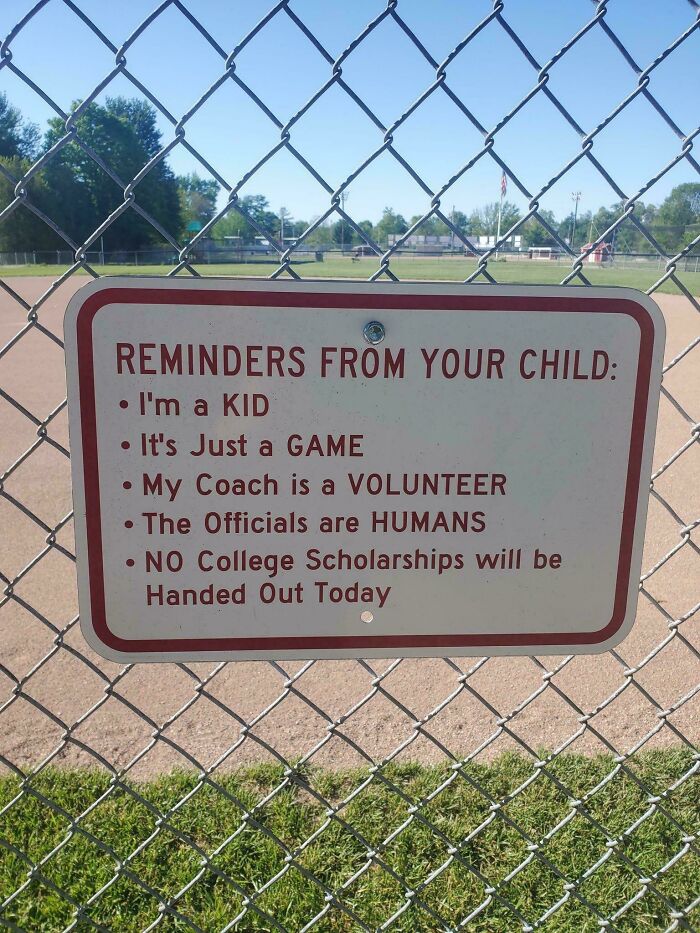 Hilarious sign reminding parents that youth sports are just a game with volunteer coaches and human officials