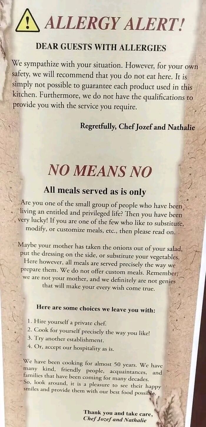Funny allergy alert sign warning guests not to customize meals at restaurant