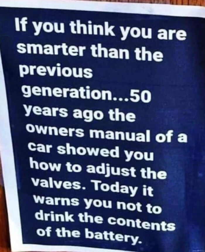 Funny sign about car manuals from 50 years ago compared to modern warnings about battery safety