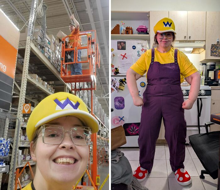 Home Depot employee wearing a Wario costume inside the store