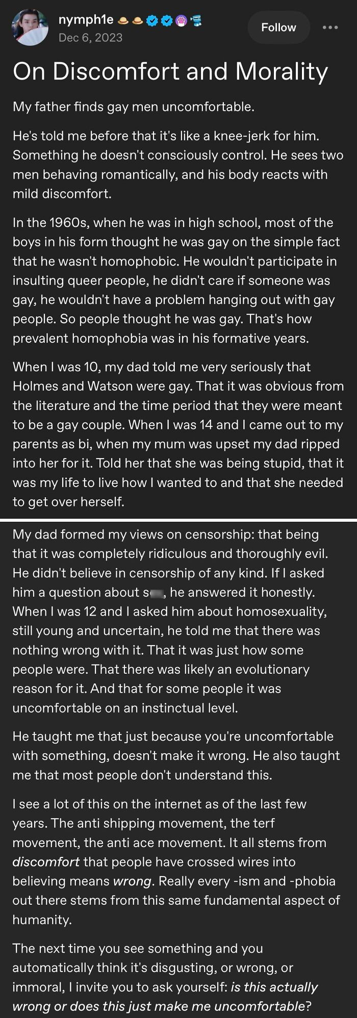 Tumblr post titled On Discomfort and Morality discussing personal growth and societal biases.