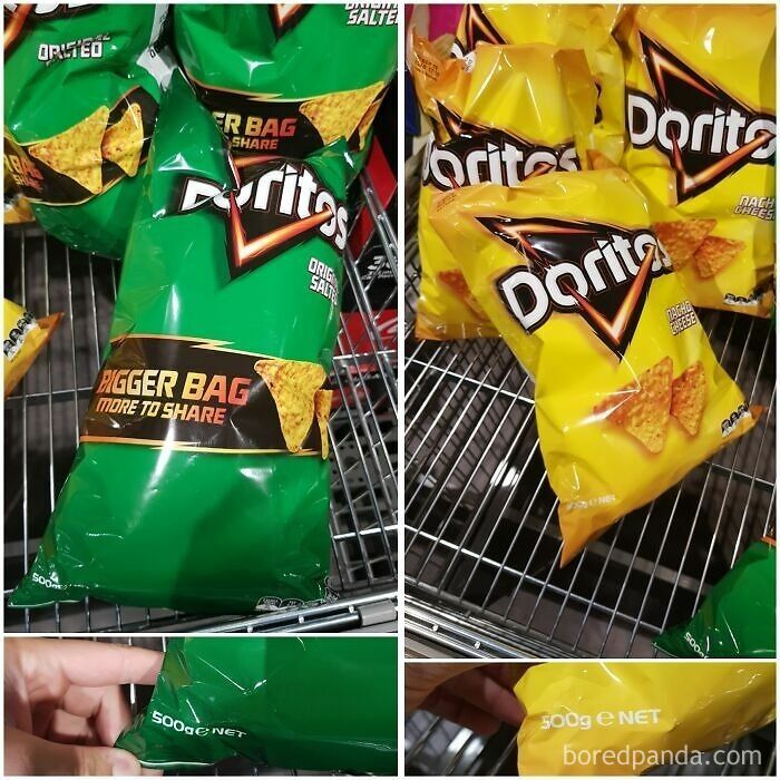 A 500g green Doritos bag labeled as a bigger share bag next to a normal yellow one, showing terrible product design.