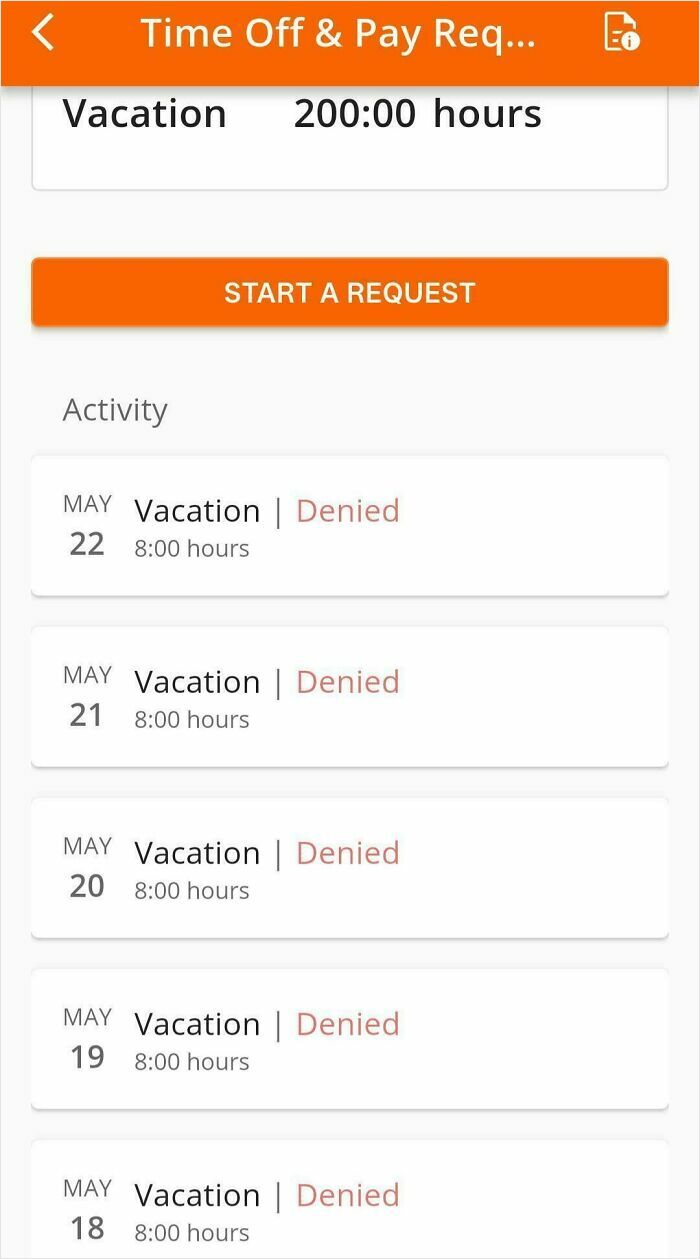Screen capture of multiple denied vacation requests, highlighted in Home Depot employees posts