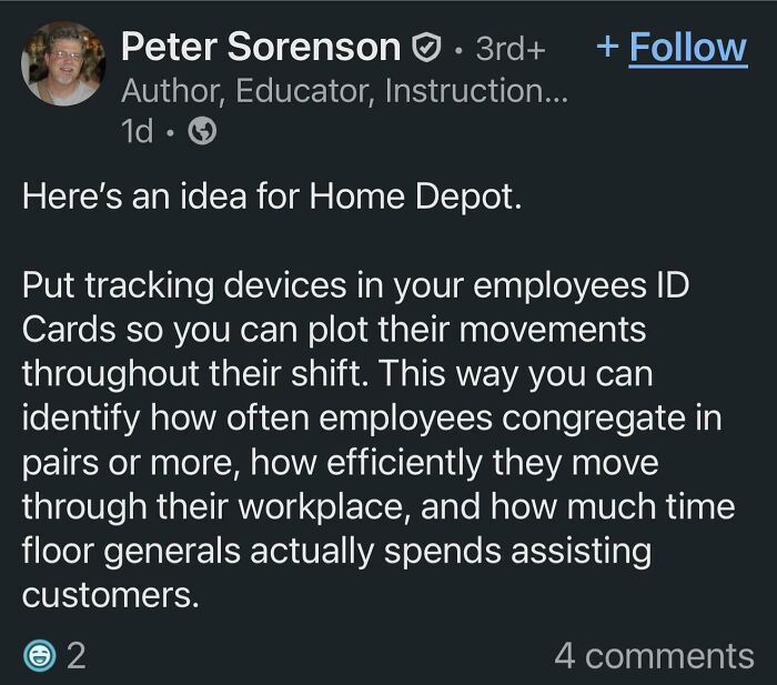 A social media post about tracking devices for staff, relevant to Home Depot employees posts online