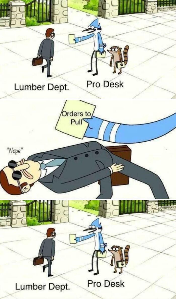 Meme showing a character dodging orders to pull relating to Home Depot employees posts.