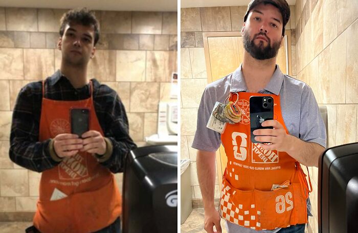 Side-by-side mirror selfies of homedepot employees wearing orange aprons in a restroom