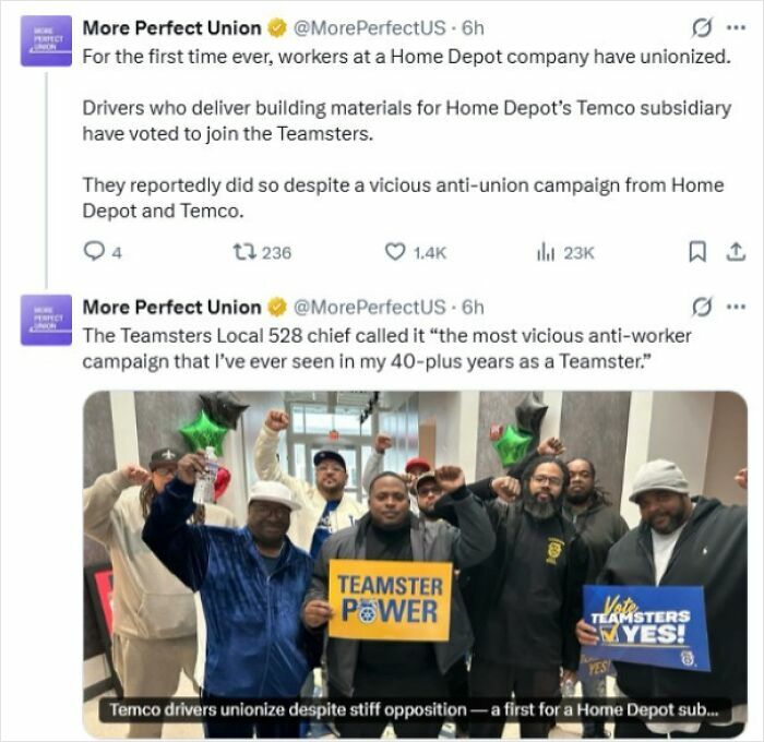 A social media post celebrating unionized drivers, referencing Home Depot employees posts