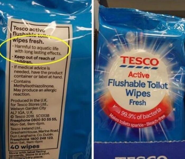 Tesco flushable toilet wipes with a warning label saying harmful to aquatic life, a terrible product design.