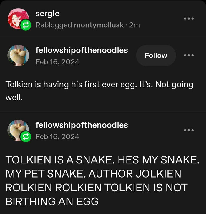 A hilarious misunderstanding in chaotic posts on Tumblr about a pet snake named Tolkien eating an egg.