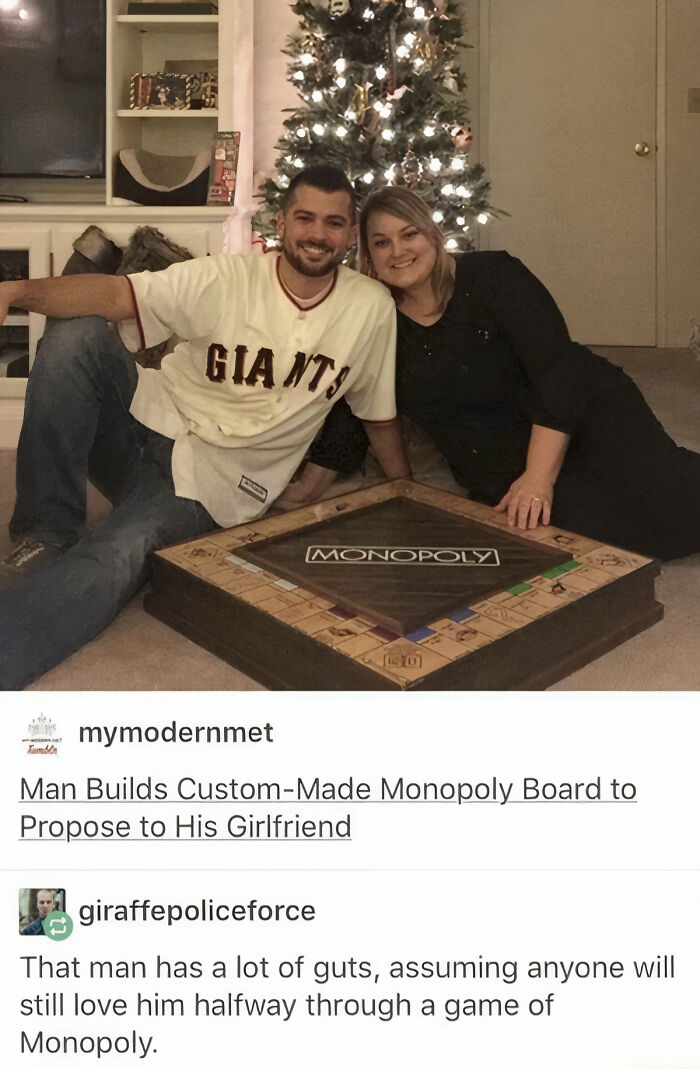 Tumblr post screenshot featuring a couple and a custom Monopoly board used for a wedding proposal