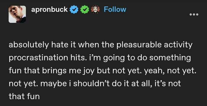 A screenshot of a humorous Tumblr post about procrastination, showcasing chaotic posts from the platform.