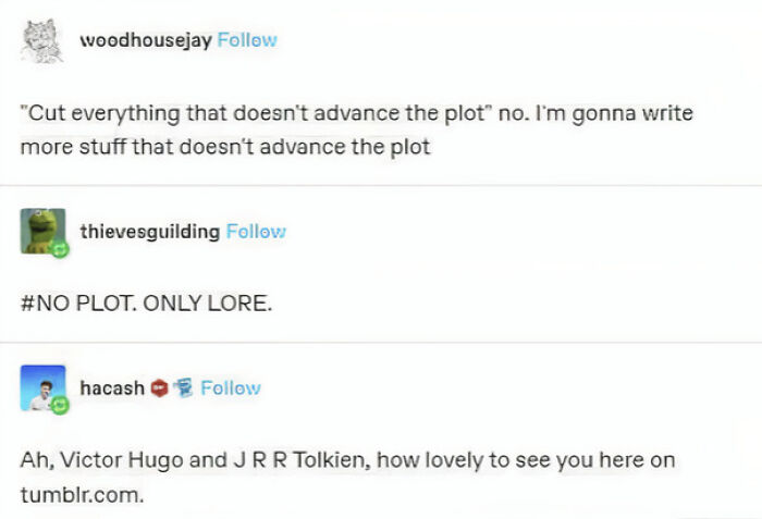 A Tumblr discussion about writing lore instead of plot, as part of a series of chaotic posts.