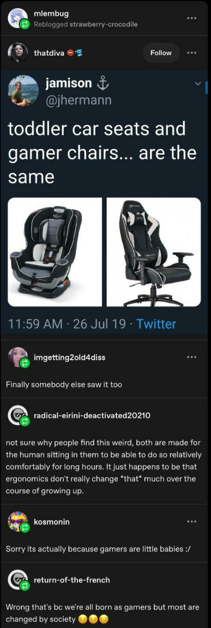 Tumblr post comparing a toddler car seat and a black and white gamer chair side by side.