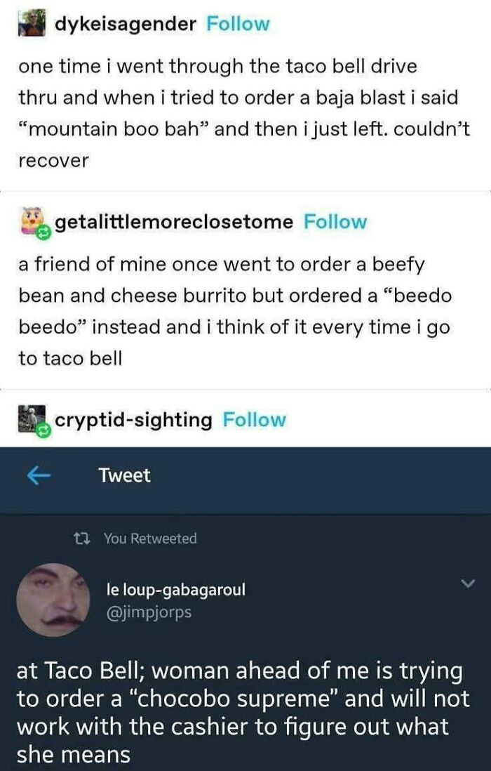 Tumblr posts sharing funny Taco Bell ordering mistakes, typical of Tumblr posts.