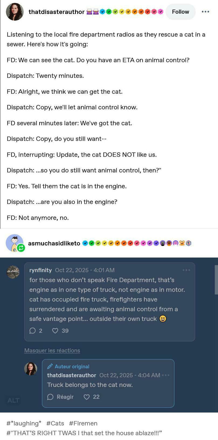 A funny Tumblr post detailing a fire department radio transcript where a rescued cat takes over the engine