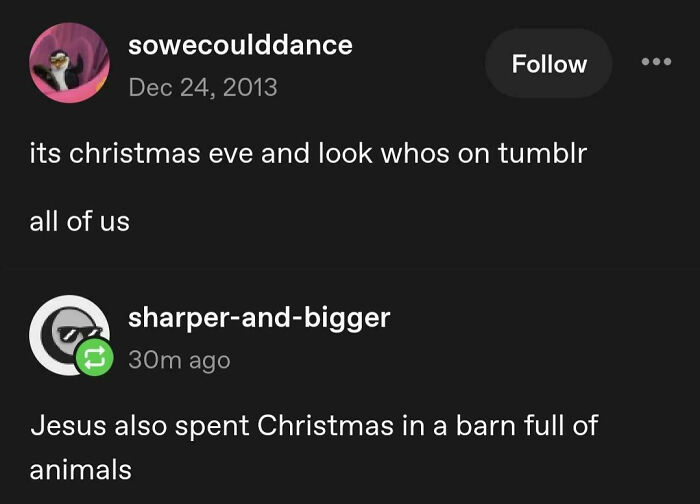 A chaotic post on Tumblr about spending Christmas Eve online, comparing it to a barn of animals.