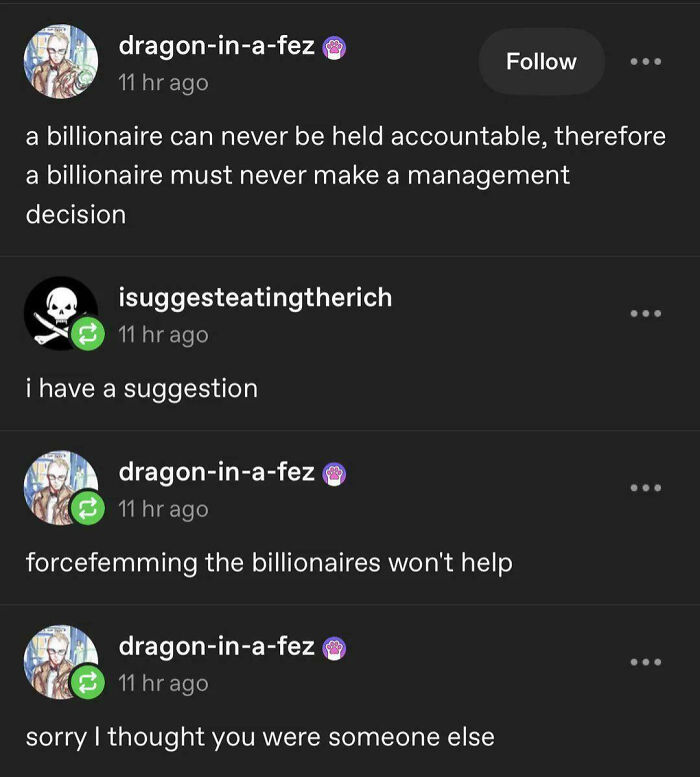 A chaotic Tumblr thread discussing billionaire accountability with a funny misunderstanding.