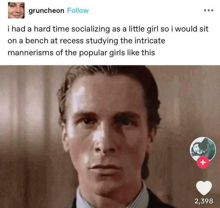 An American Psycho meme about studying popular girls at recess, shared as a chaotic post on Tumblr.