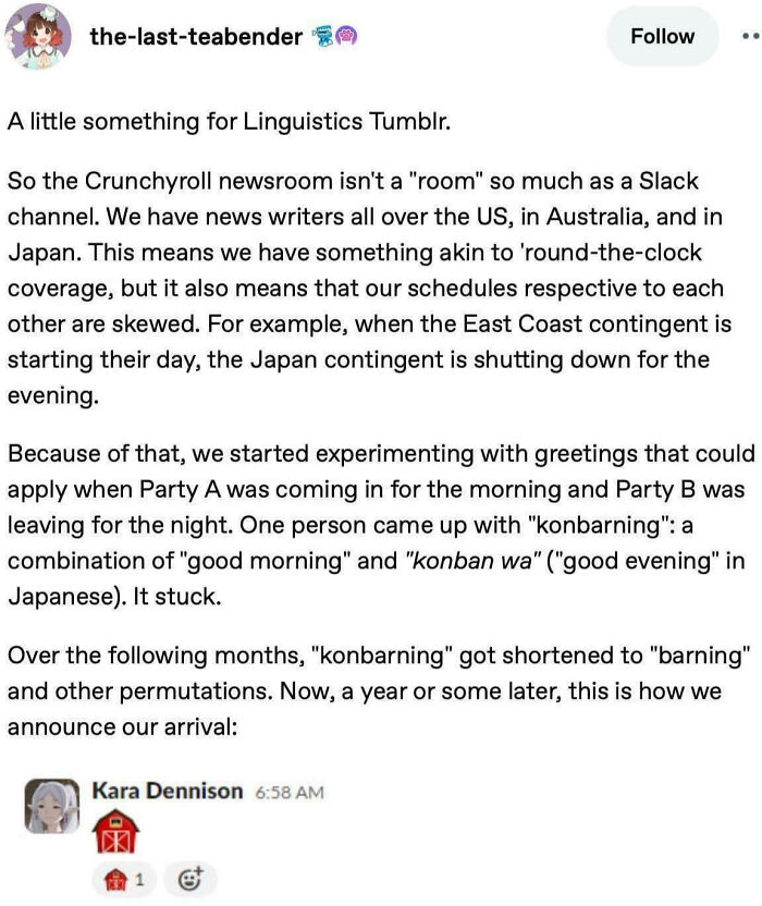 Linguistics Tumblr post discussing Crunchyroll newsroom greetings and the word konbarning