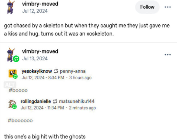 A funny Tumblr post about skeletons and ghosts showcasing chaotic posts humor.