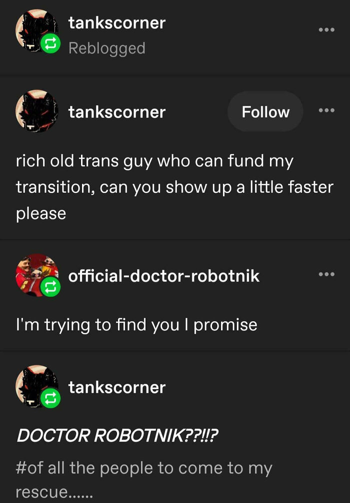 A humorous exchange about Doctor Robotnik on Tumblr, highlighting the chaotic nature of Tumblr posts.
