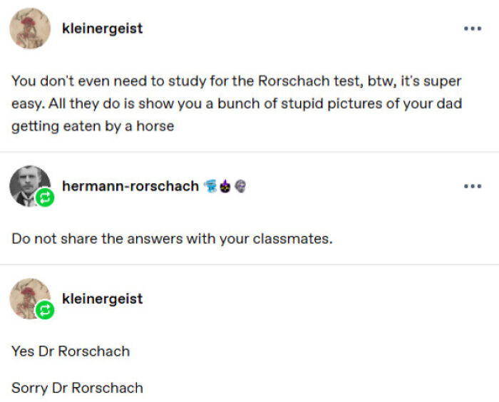 A hilarious Tumblr exchange about taking a Rorschach test, showing classic Tumblr humor.
