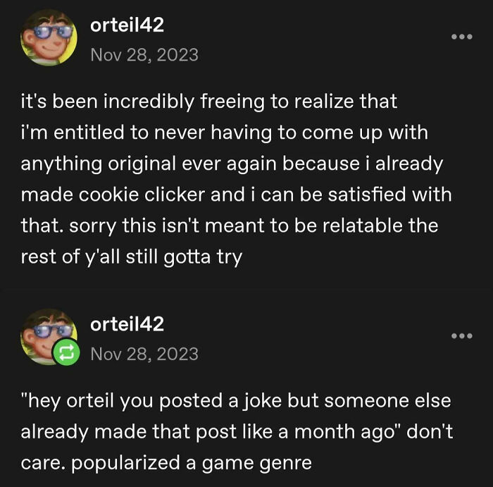 Tumblr posts by the creator of Cookie Clicker, illustrating chaotic posts.