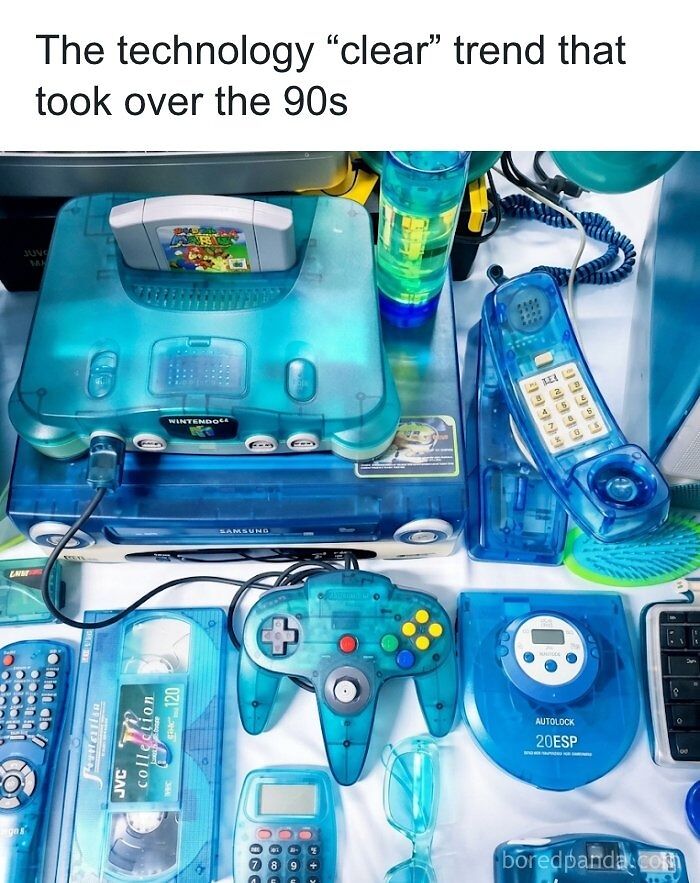 An assortment of clear blue electronics representing 90s nostalgic pics of retro tech trends.