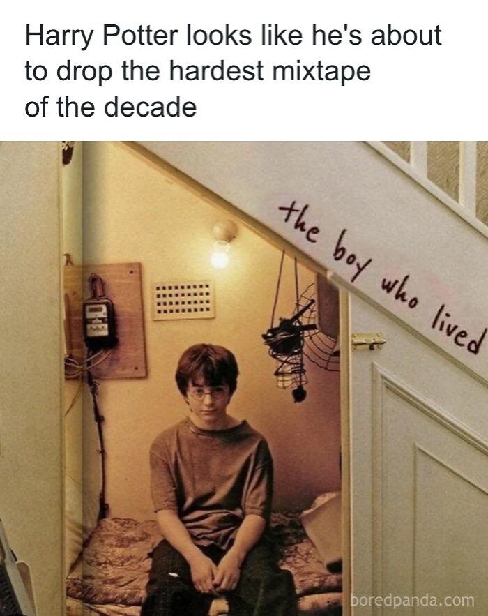 Meme of young Harry Potter in his cupboard under the stairs, bringing back nostalgic 90s vibes.