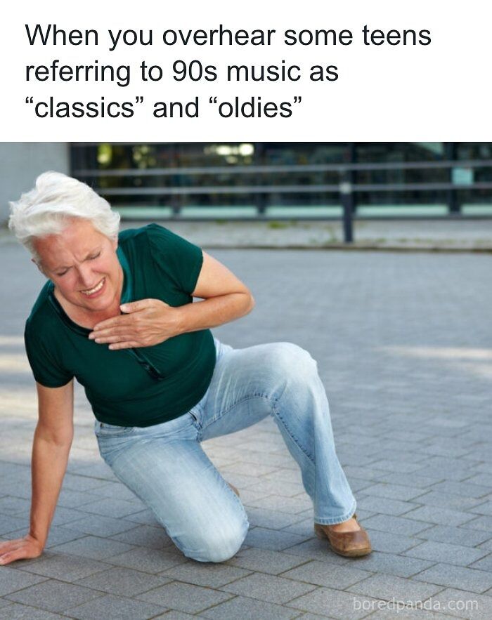 Meme of an elderly woman clutching her chest, perfect for fans of nostalgic 90s pics.
